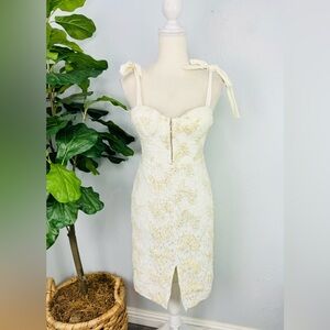 NBD Gold Metallic Lace Bustier Body Con Cream Off White Mini Dress